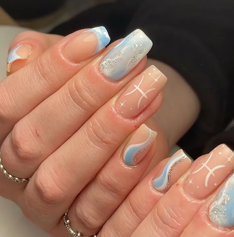 short square pisces birthday nails white zodiac sign decorations blue and silver glitter twirls