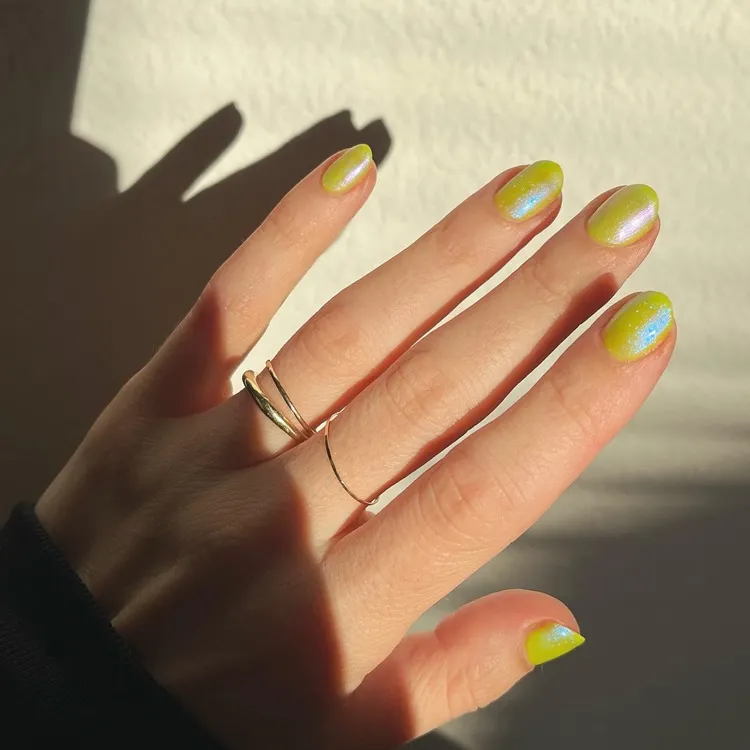 short yellow neon chrome manicure inspo 2024