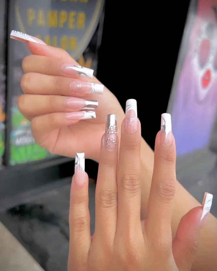 silver french manicure design for long nails