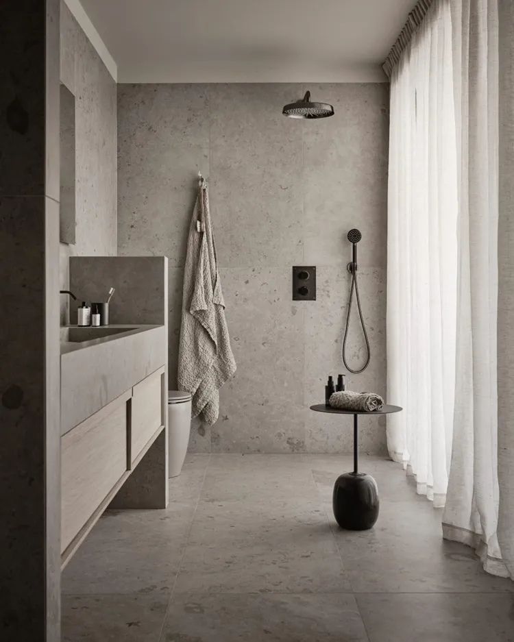 spa like bathroom design minimalist gray tiles black fixtures