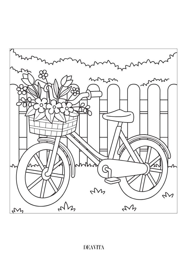 spring bike with flowers coloring page kids and adults free pdf download