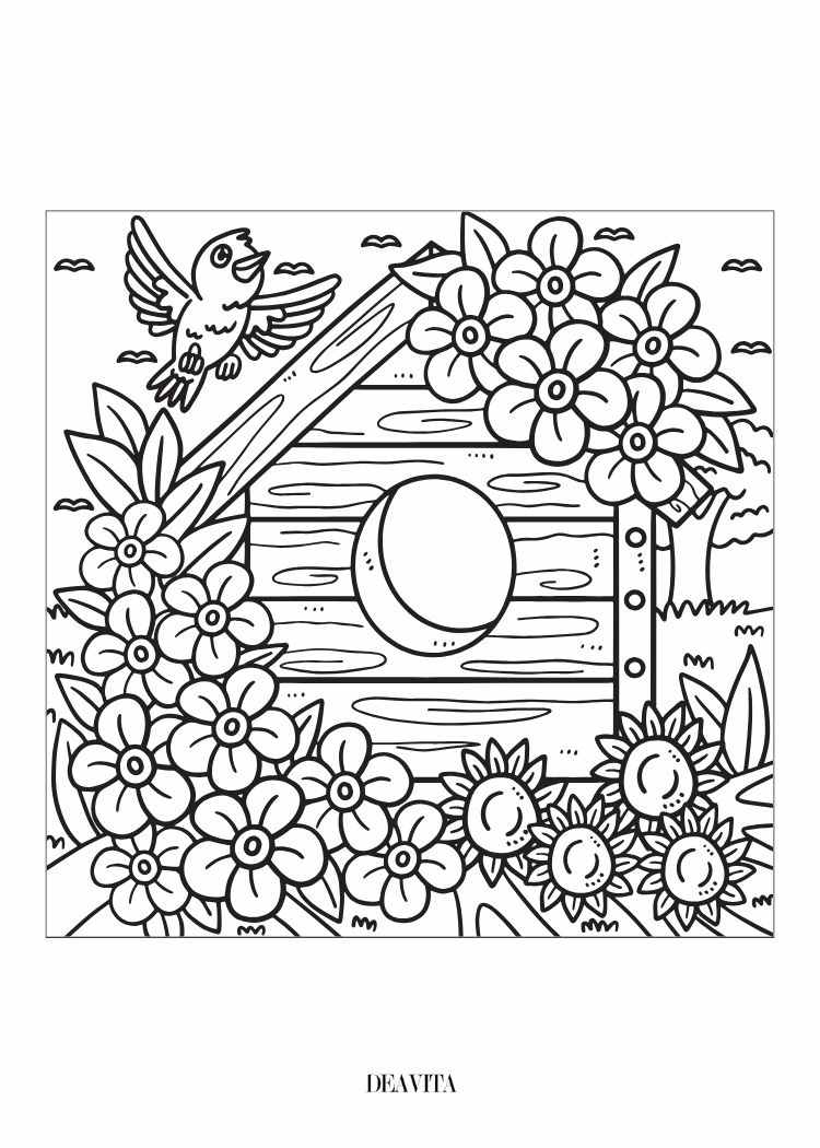 spring bird house with flowers free coloring page kindergarten toddlers