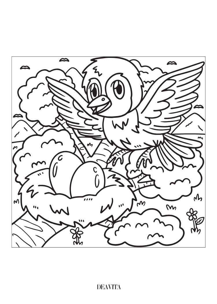 spring coloring page for kids bird nest with eggs on a tree branch