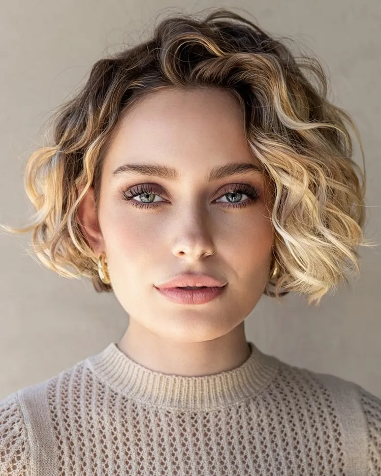 super short blond curly baroque bob with side swept bangs