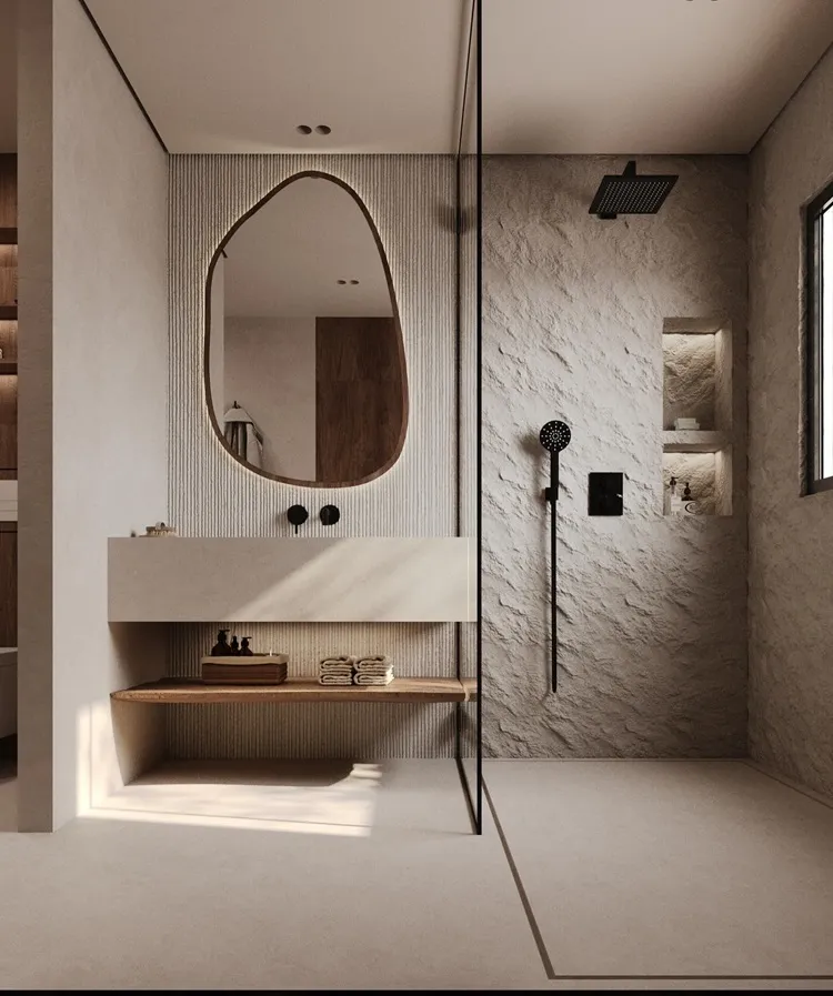 textures raw natural materials black metal fixtures modern organic bathroom design inspo 2024