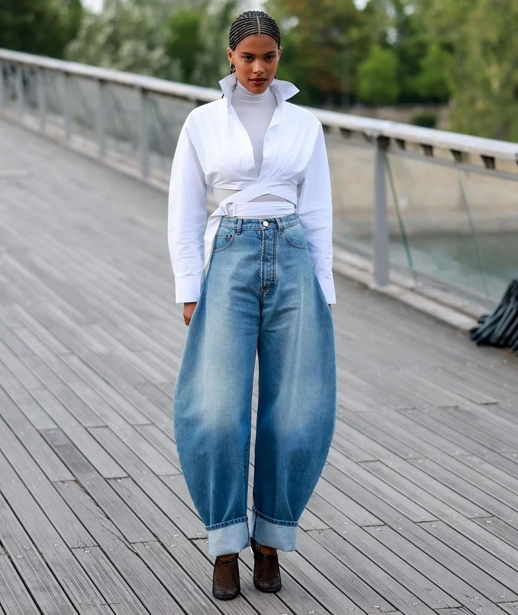 the jeans trend for 2024 barrel leg jeans