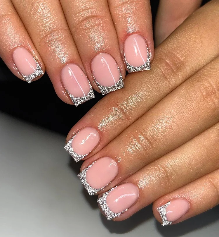 timeless sparkly silver glitter french tips nails