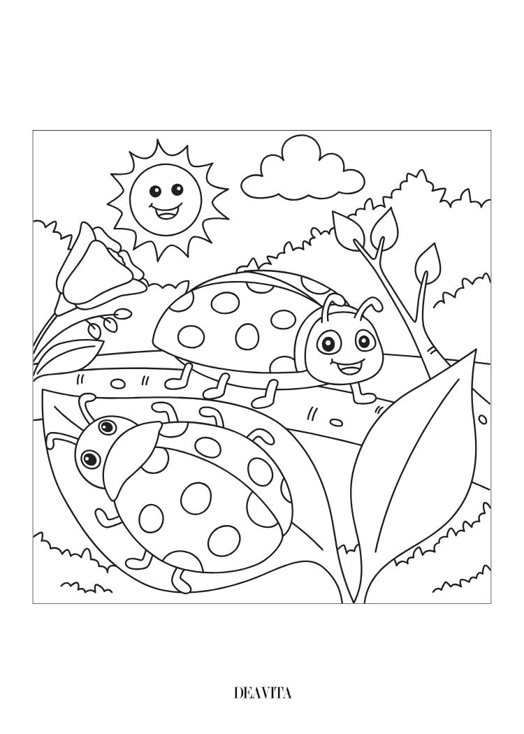 two ladybugs on a tree branch spring coloring page for kids free pdf download