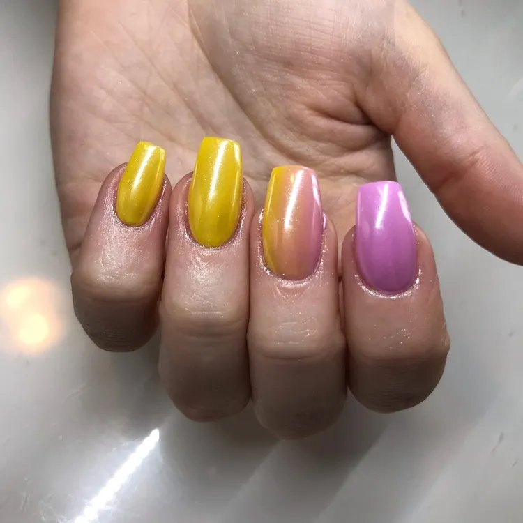 yellow to pink gradient neon chrome nail design inspo 2024