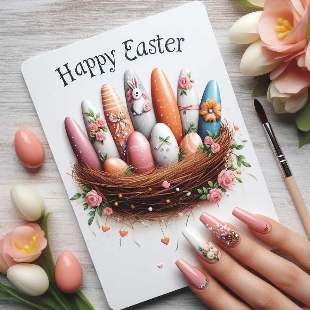 happy easter greeting card with nail art