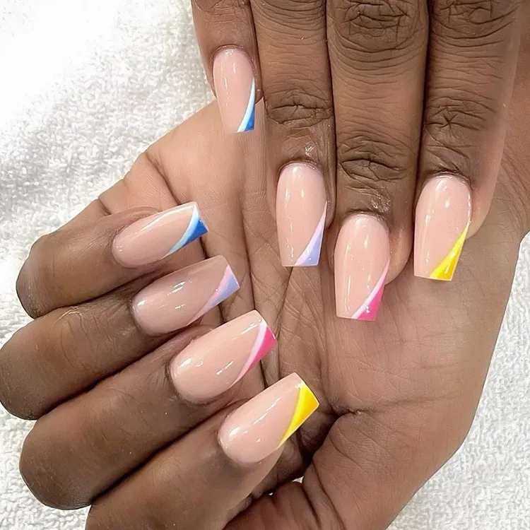 colorful angled french tips on long square nails easter manicure idea