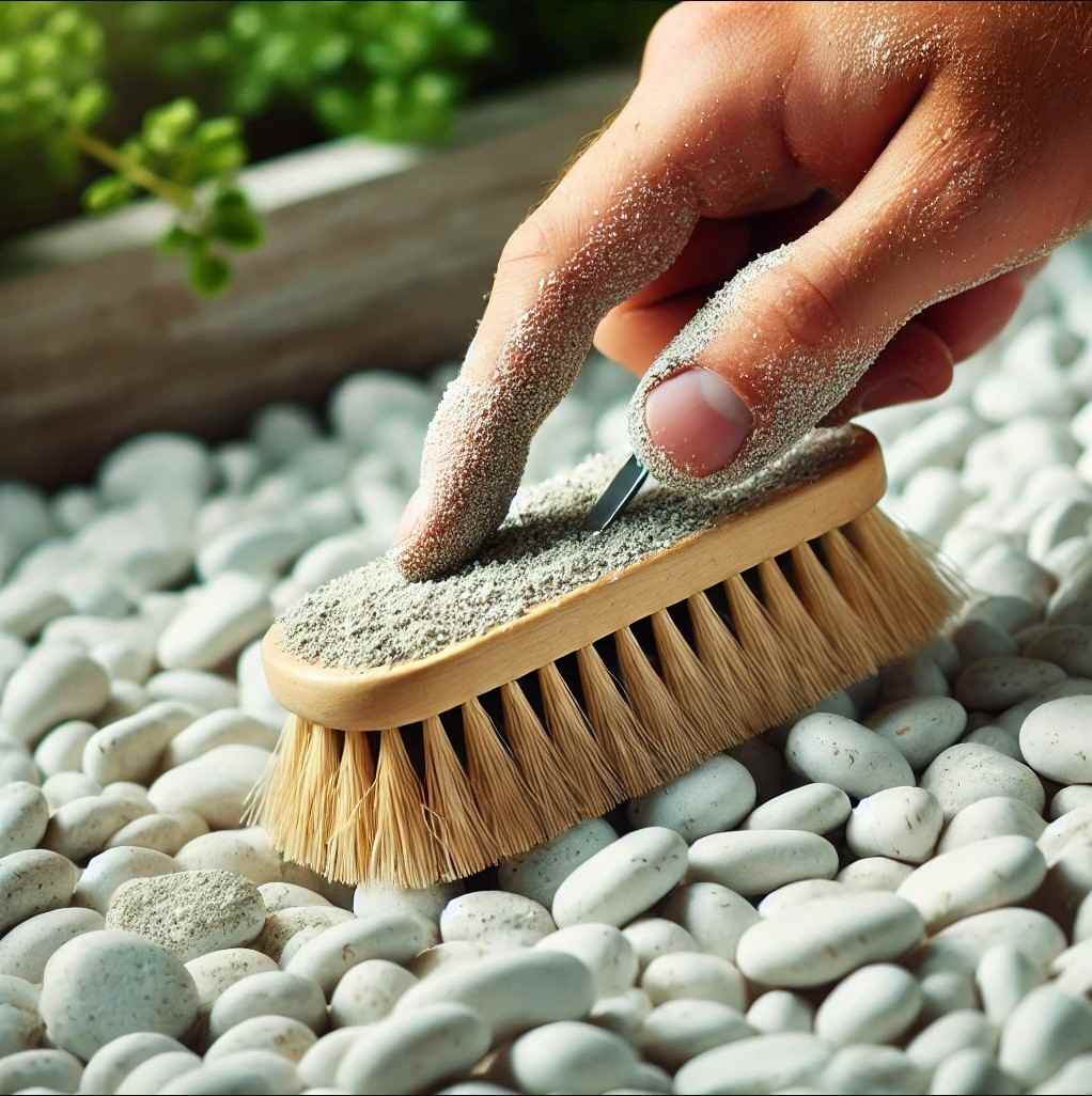 dry brush white pebbles in the garden to clean