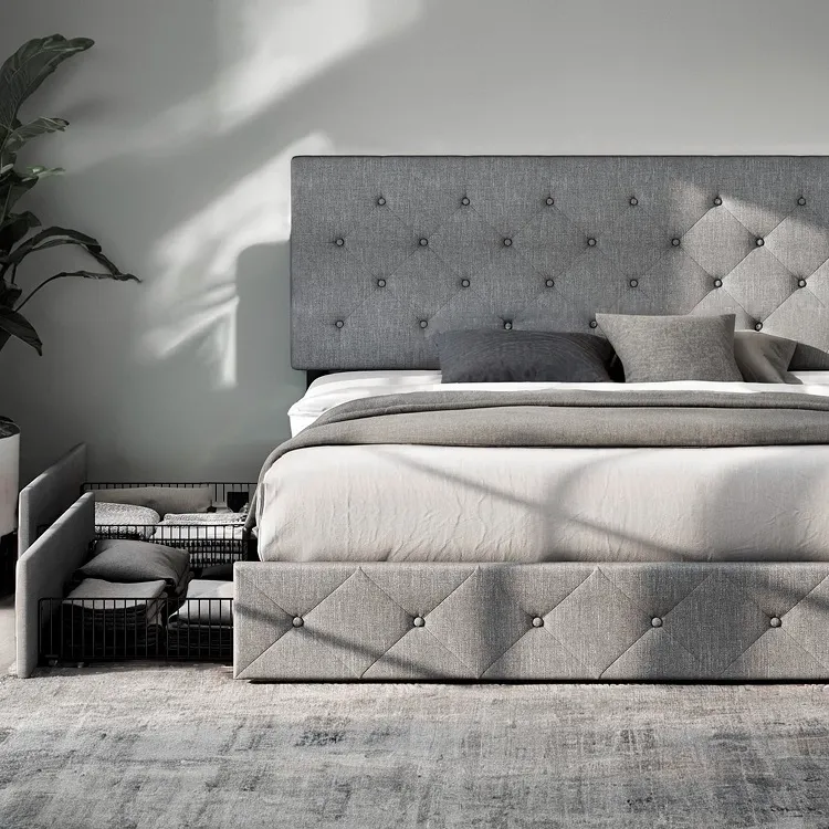 gray bed frame with storage place for luxury interior, scandinavian or minimalistic look