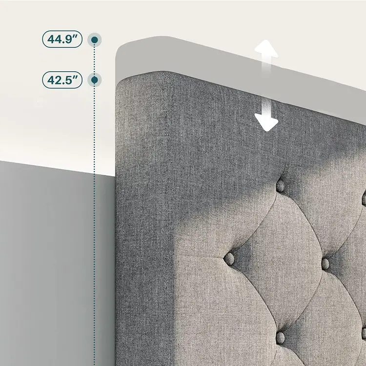 gray headboard with wood slat support, no box spring needed